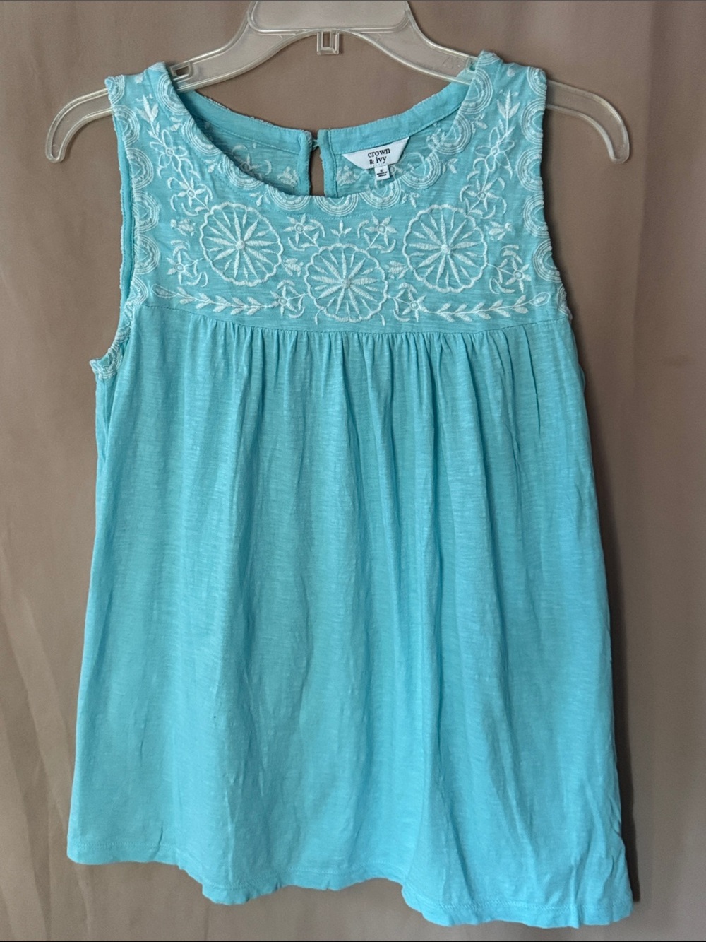 crown & ivy Aqua Sleeveless Embroidered Yoke Tank